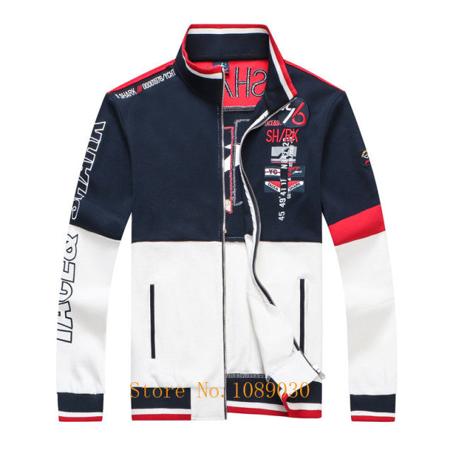 top half blue red and white yacht club jacket