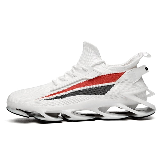 white with red and gray stripes running shoes