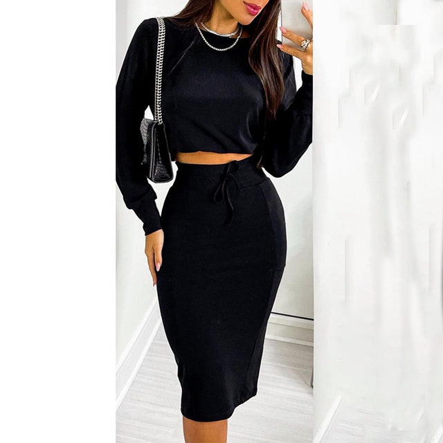 black two piece blouse & skirt set