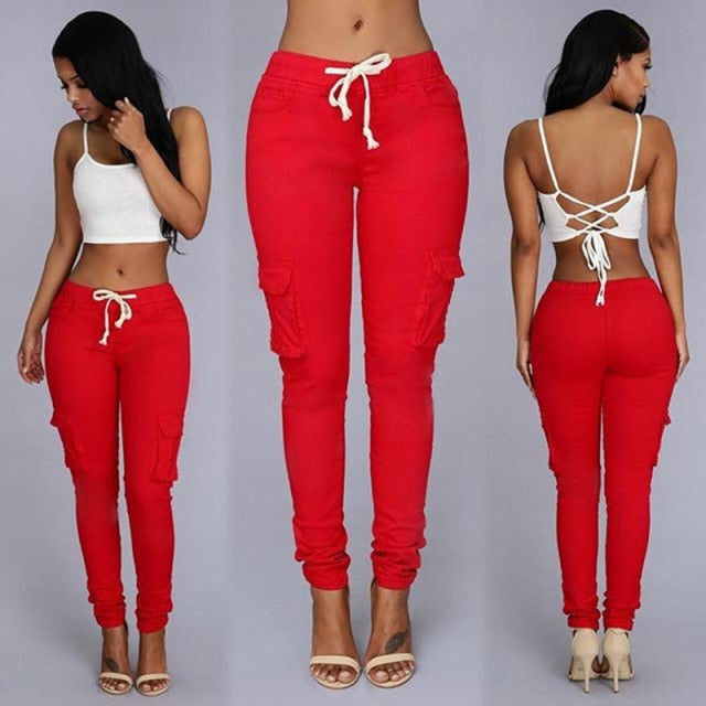 red slim fit drawstring cargo pants women