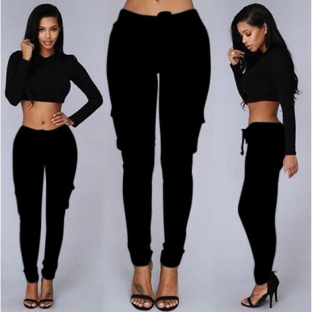 black slim fit drawstring cargo pants women