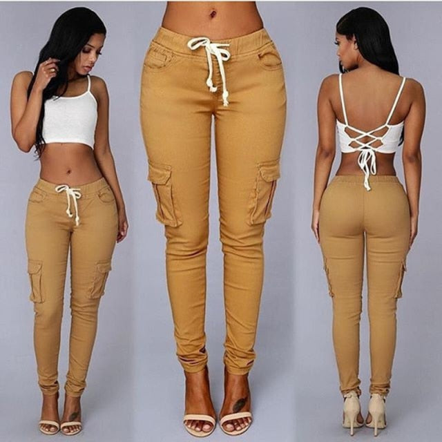 beige tan slim fit drawstring cargo pants women