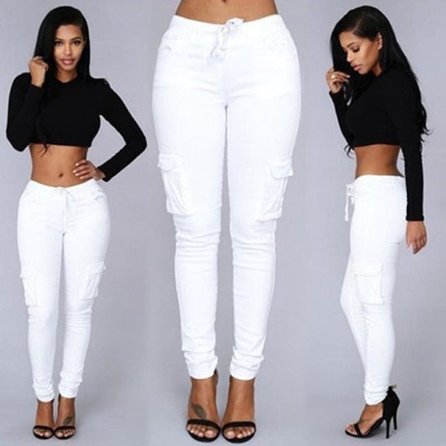 white slim fit drawstring cargo pants women