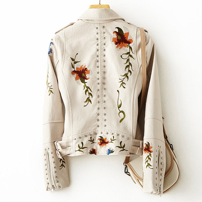tan floral print motorcycle jacket with buttons