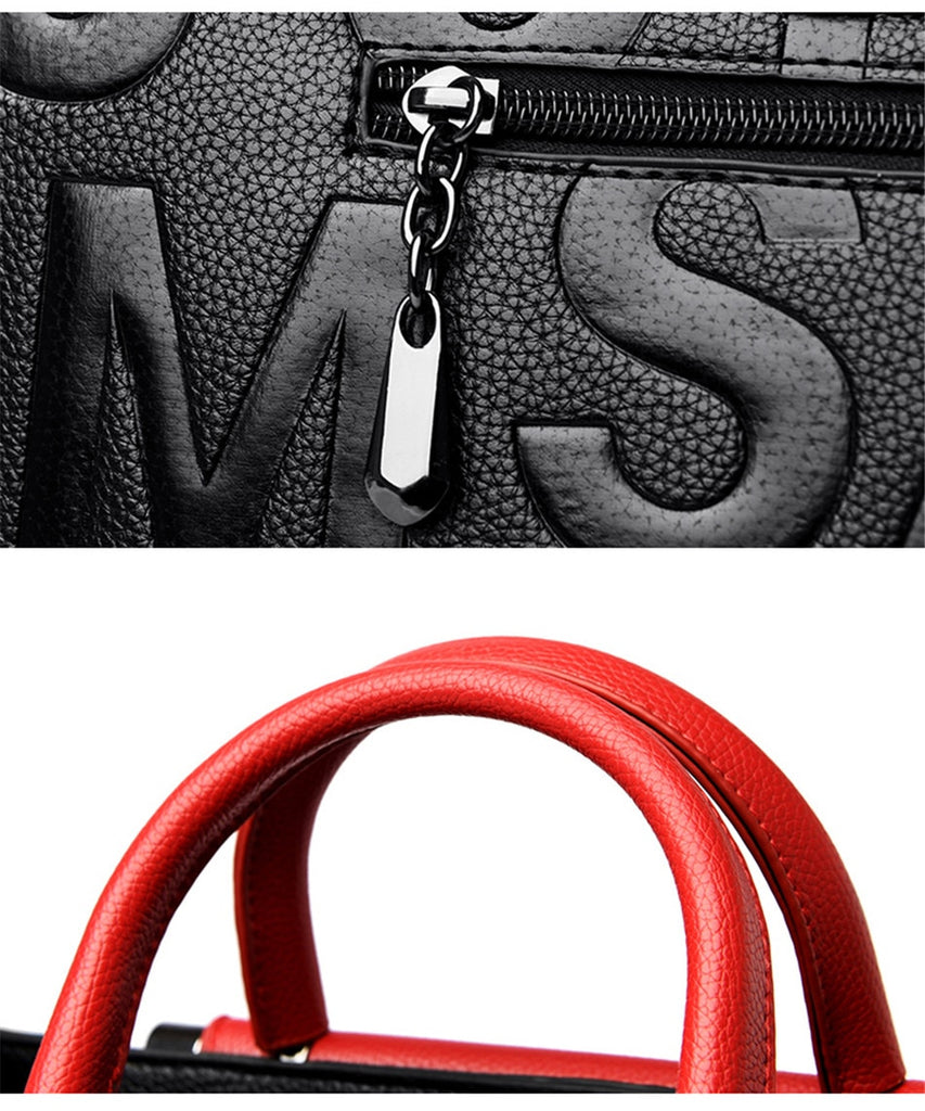 alphabet letter imprinted red black handbag zipper