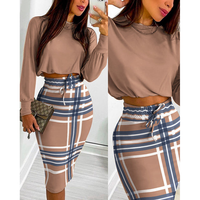 khaki plaid blouse & skirt set