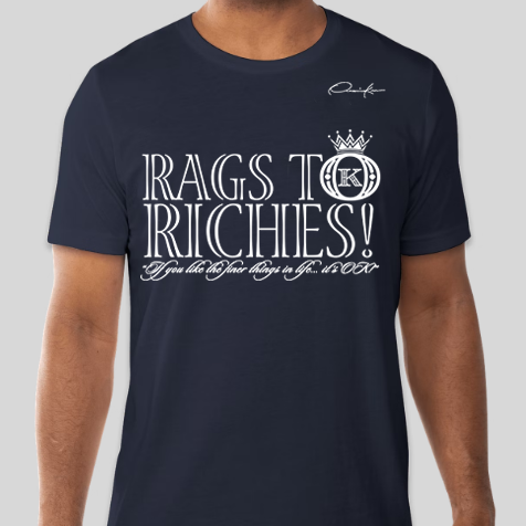 rags to riches t-shirt navy blue