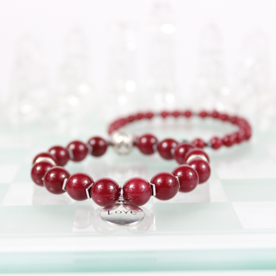silver love charm red jade double bead bracelet