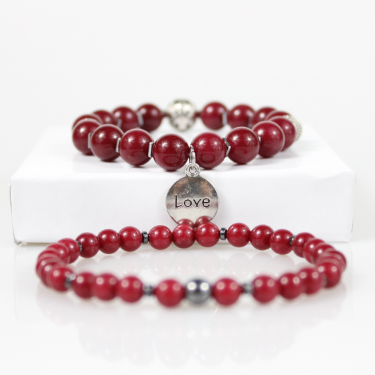 silver love charm red jade double bead bracelet