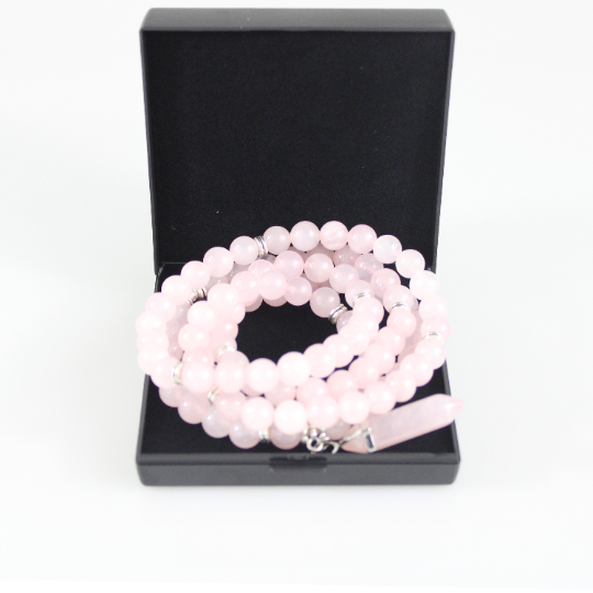 rose quartz prayer beads mala in jewelry box