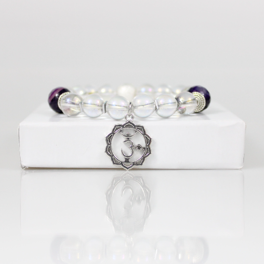 silver sahasrara chakra yoga charm clear quartz amethyst bead bracelet