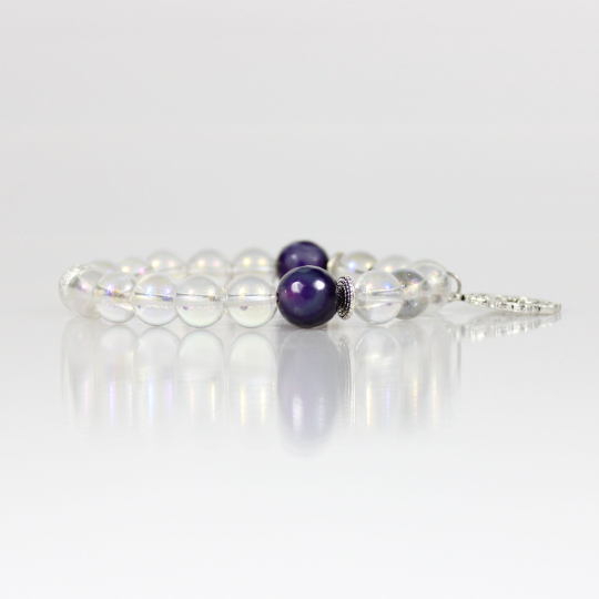 silver sahasrara chakra charm clear quartz amethyst bead bracelet