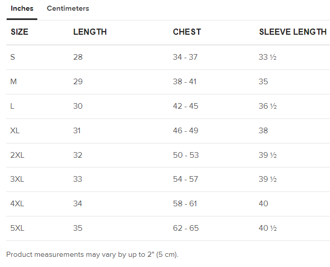 sovereign shirt size chart