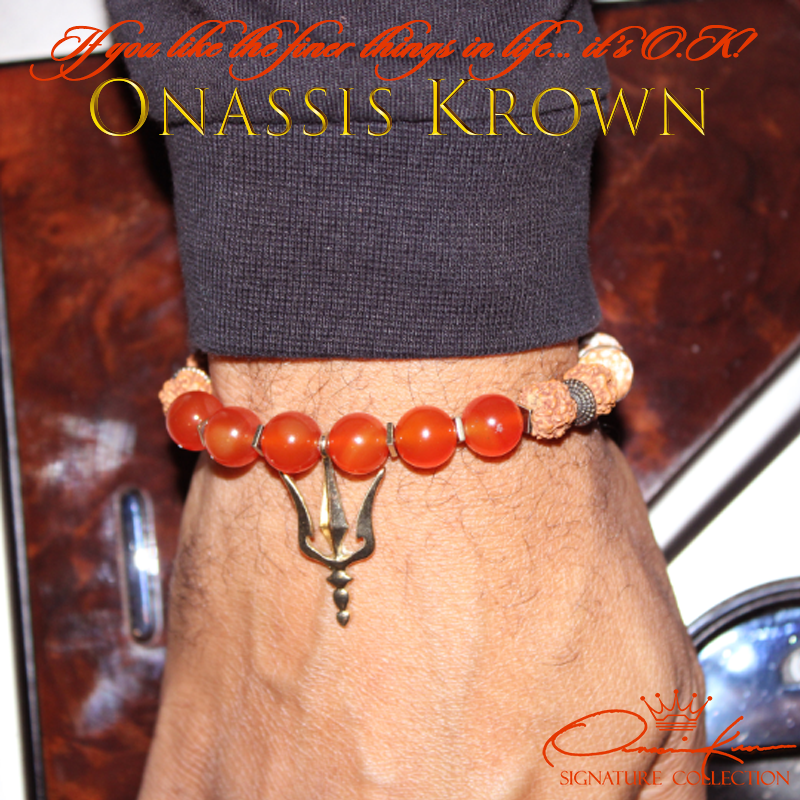 gold trident orange carnelian rudraksha bead bracelet