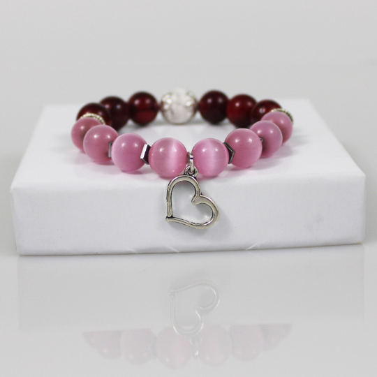 silver heart charm pink cats eye red jade st valentines day bead bracelet