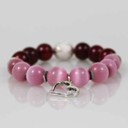 heart charm pink cats eye red jade st valentines day bead bracelet