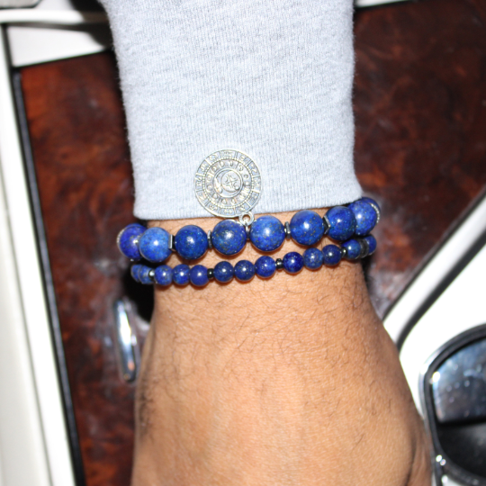 vedic astrological zodiac blue lapis lazuli bead bracelet on wrist
