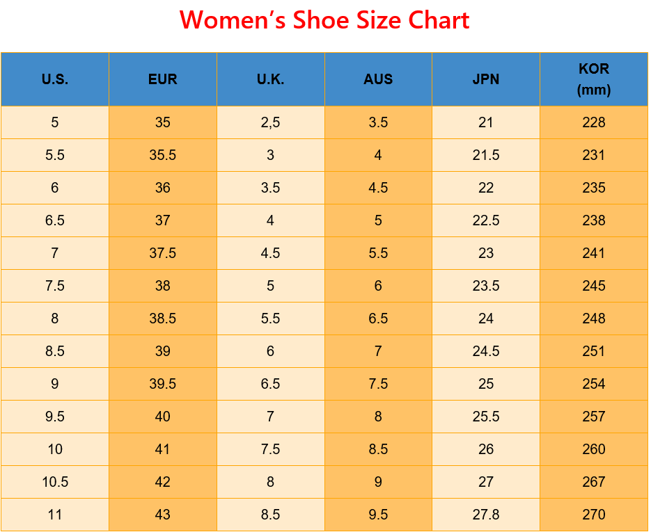 high heel sandals size chart