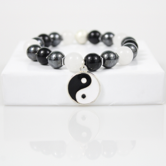 black white ying yang charm hematite bead bracelet