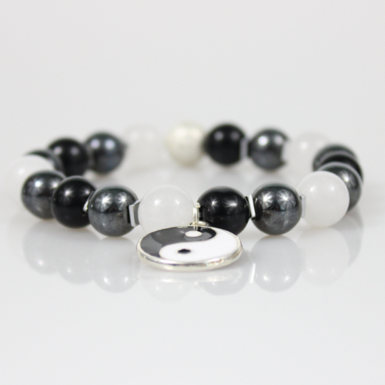 tao yin yang charm hematite bead bracelet