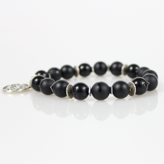 silver custom zodiac charm black bead bracelet